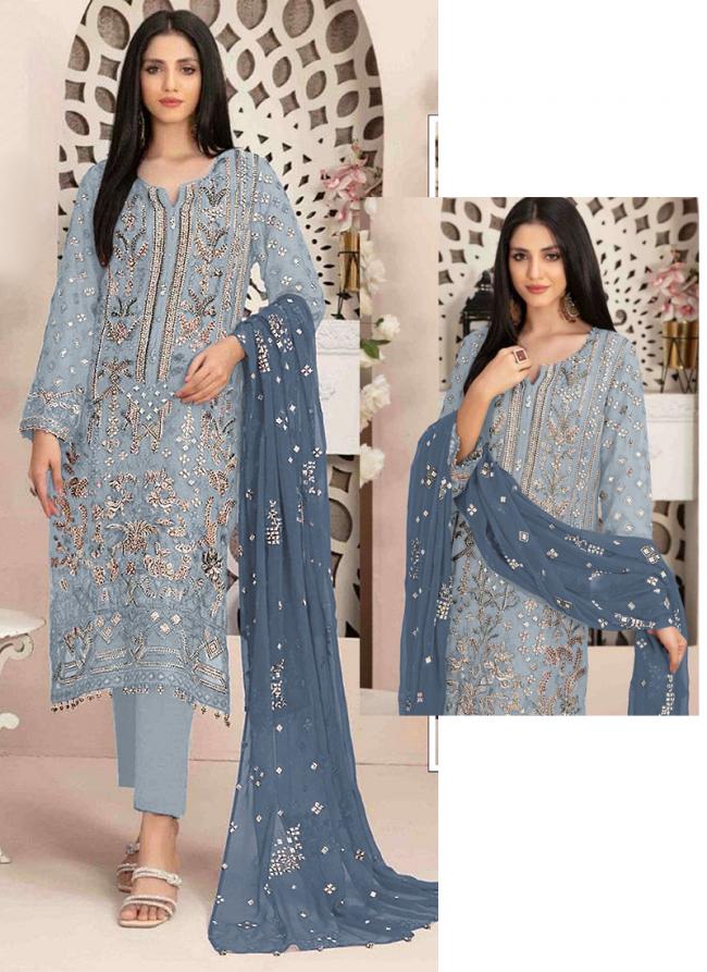 Georgette Sky Blue Eid Wear Embroidery Work Pakistani Suit